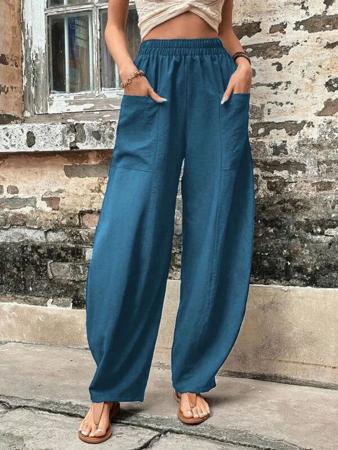 Women's Harem Pants With Pockets High Waisted Casual Beach Pants Loose Trousers Summer Image