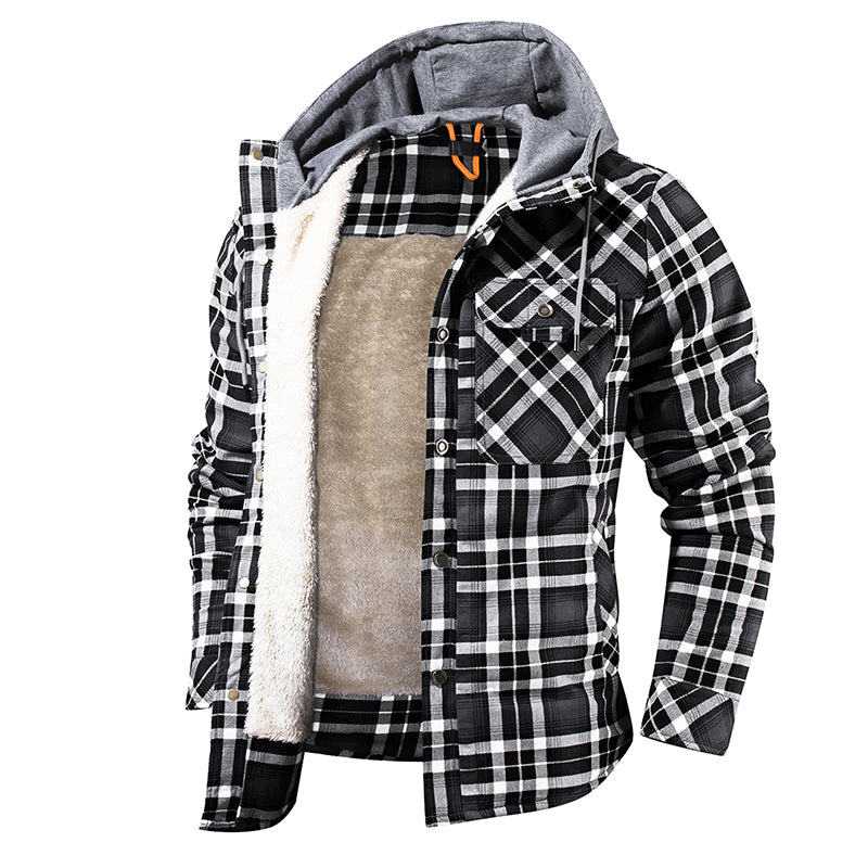 Men Warm Jacket Fleece Lining Lumberjack Plaid Hooded Jackets Snap Button Image