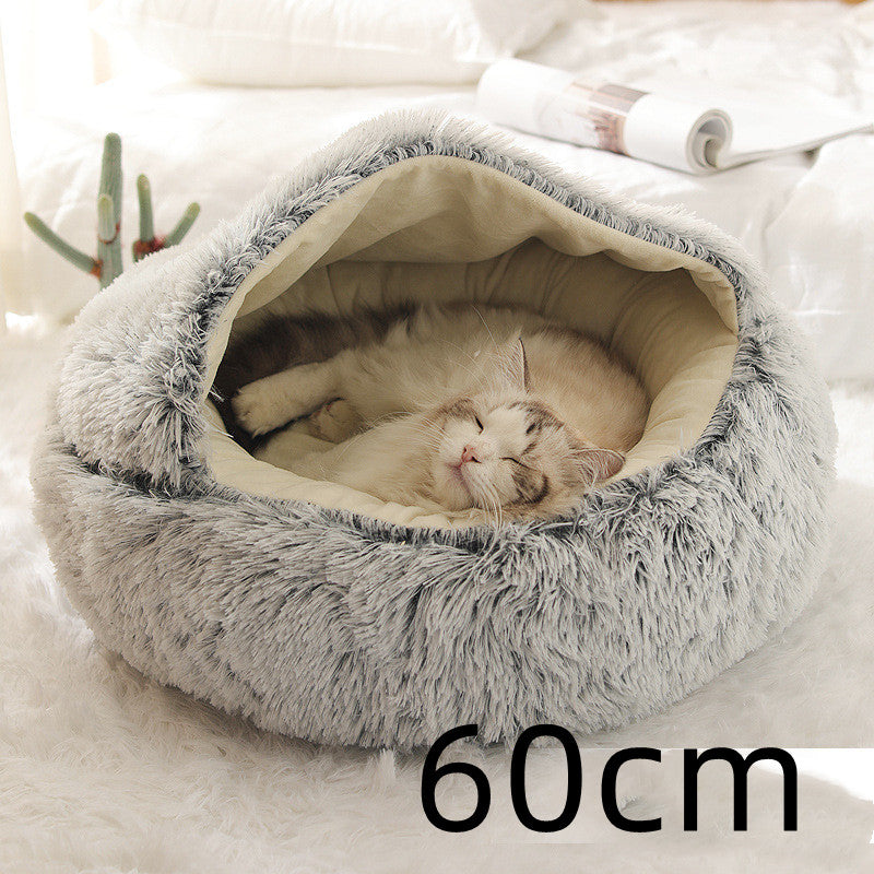 2 In 1 Dog And Cat Bed Pet Winter Bed Round Plush Warm Bed House Soft Long Plush Pets Bed Image