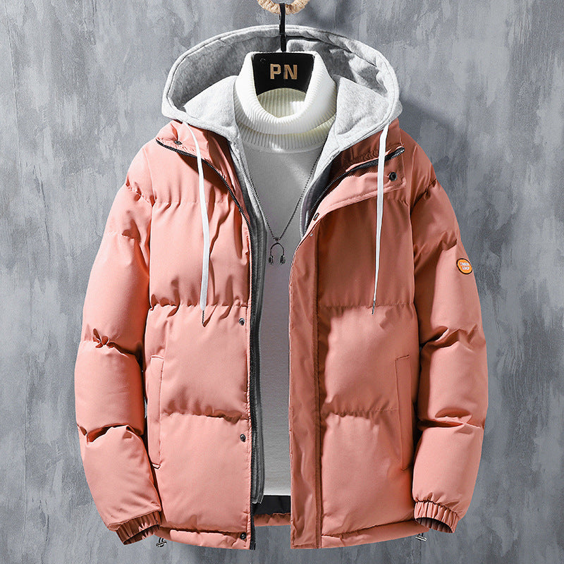 Fashion Hooded Jacket Men Winter Windproof Thickened Fake Two-piece Coat Solid Leisure Sports Cotton Jacket Image