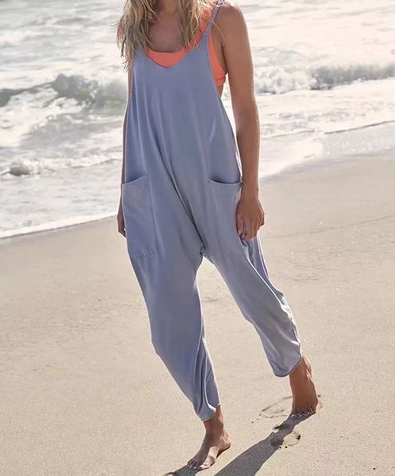 Summer Women's Loose Sleeveless Jumpsuits Spaghetti Strap Long Pant Romper Jumpsuit With Pockets Zipper Image