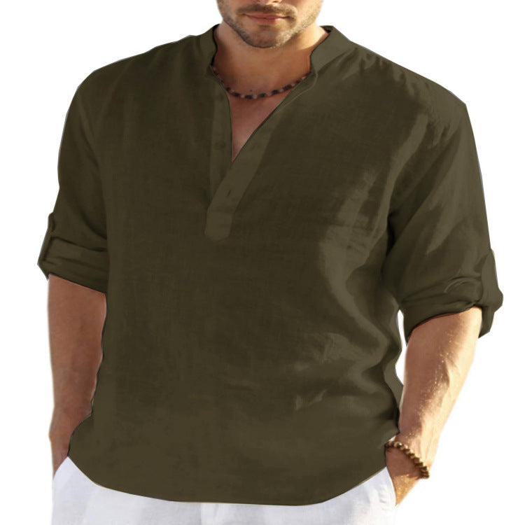 Men's Casual Cotton Linen Solid Color Long Sleeve Shirt Loose Stand Collar Image