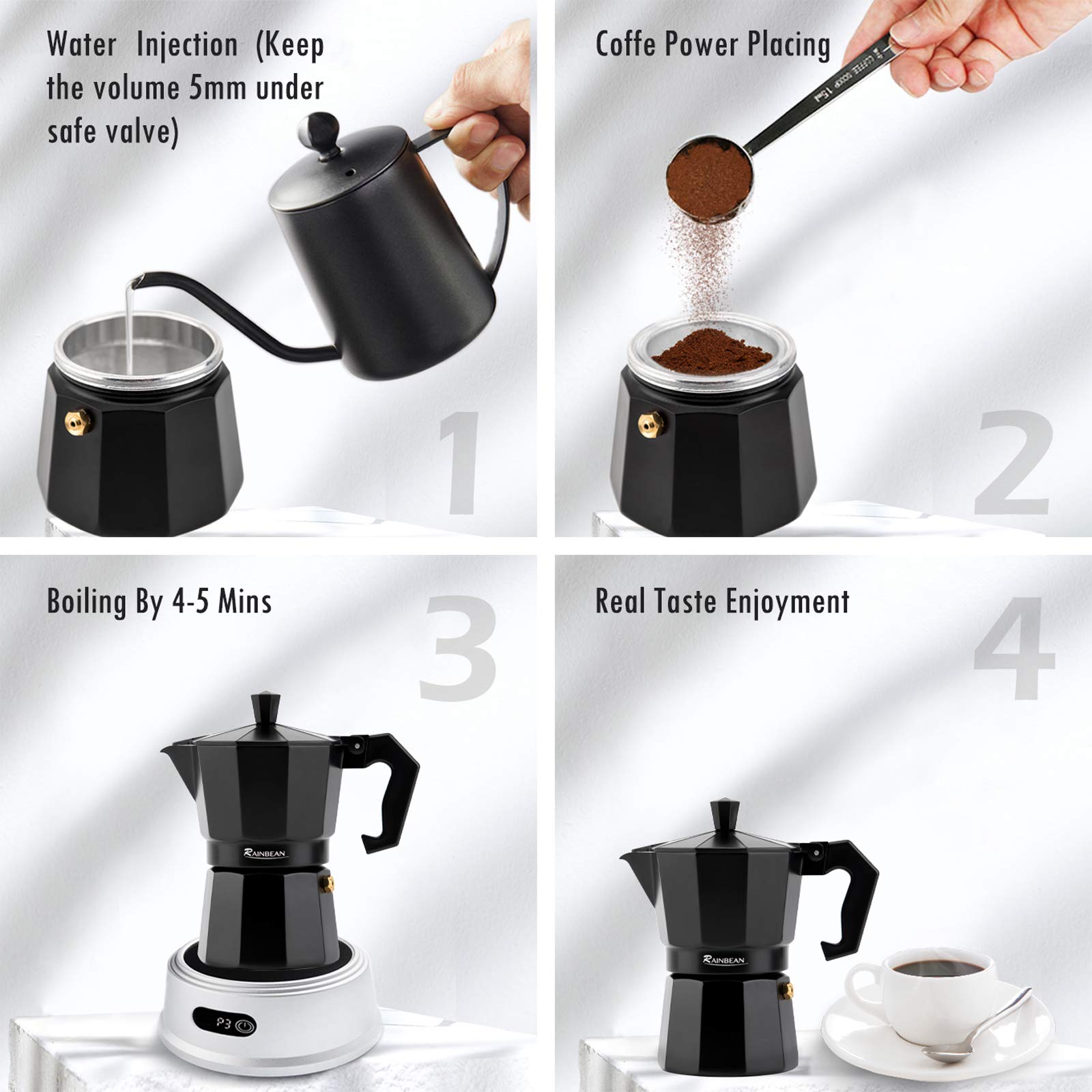 Stovetop Espresso Maker Espresso Cup Moka Pot Classic Cafe Maker Percolator Coffee Maker Italian Espresso for Gas or Electric Aluminum Black Gift package with 2 cups Amazon Platform Banned Image