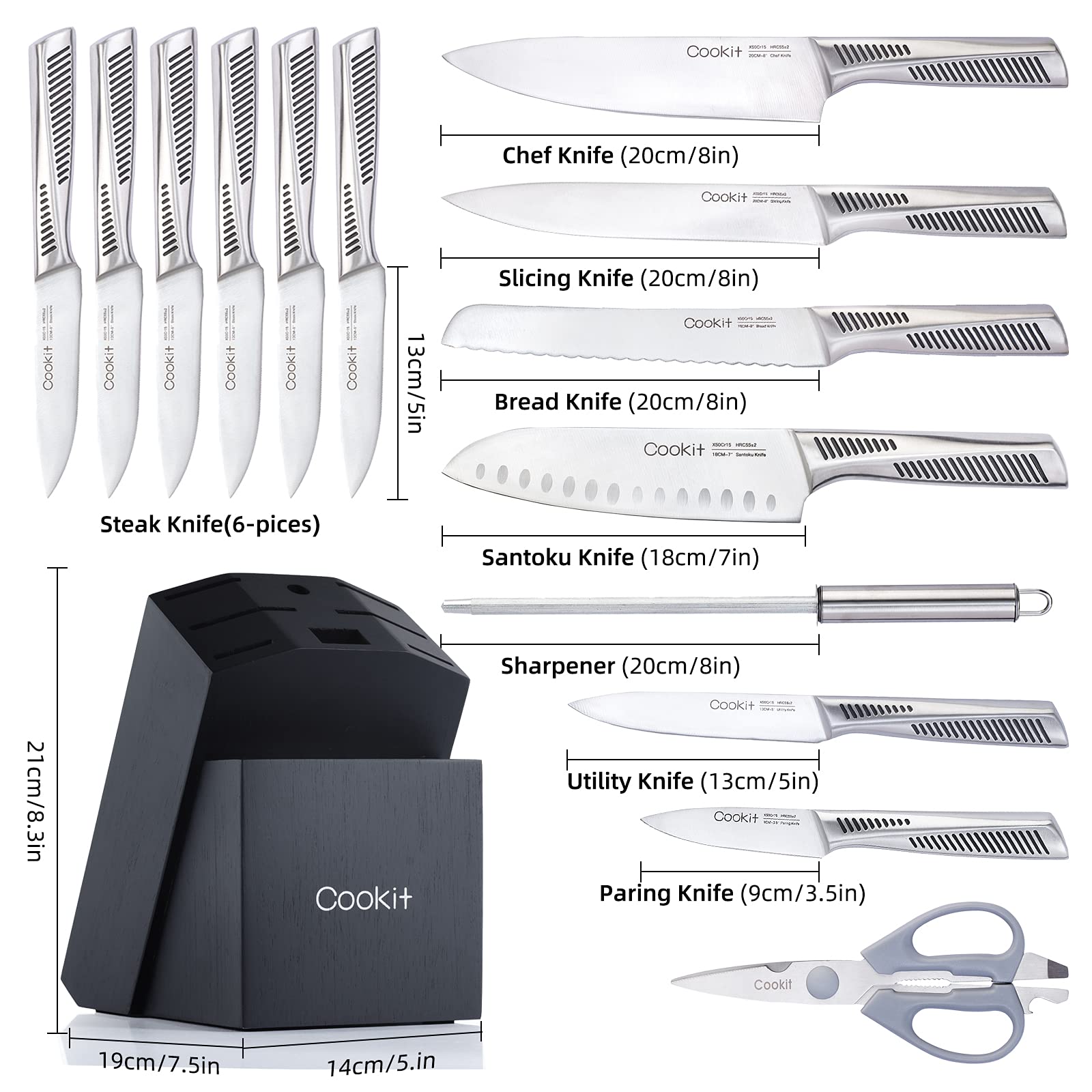 Kitchen Knife Set, 15 Piece Knife Sets with Block, Chef Knives with Non-Slip German Stainless Steel Hollow Handle Cutlery Set with Multifunctional Scissors Knife Sharpener  Amazon Platform Banned Image