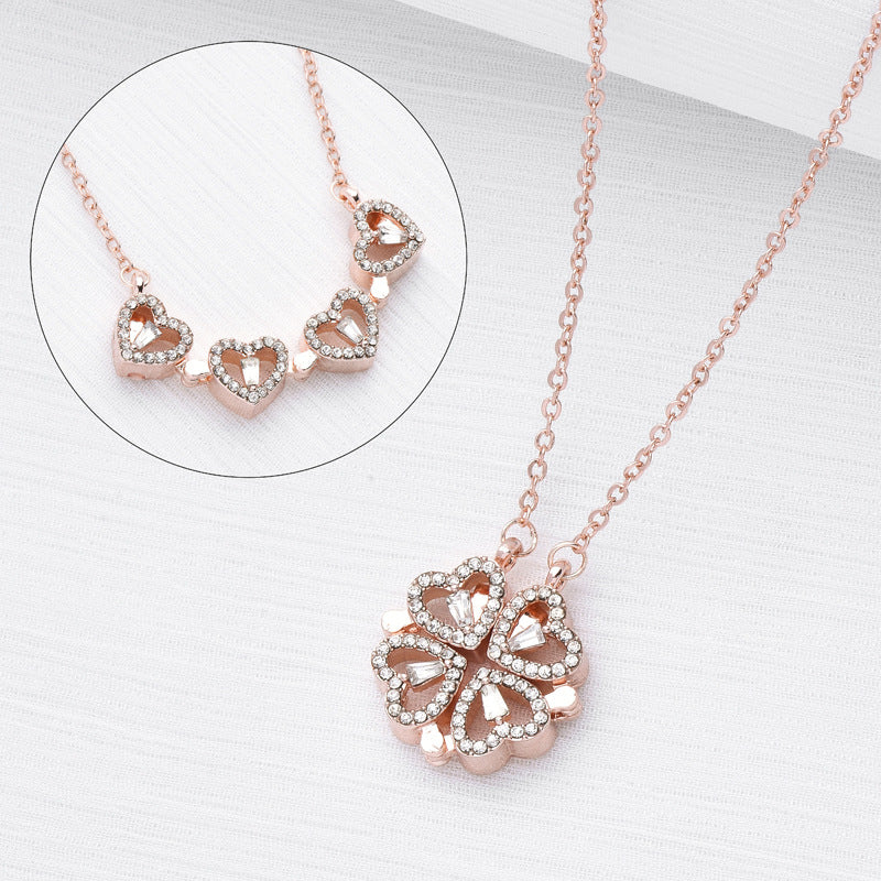 Retro Magnetic Folding Heart Shaped Four Leaf Clover Pendant Necklace Women Love Clavicle Chain Gifts Openable Choker Jewelry Image