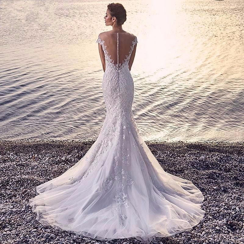 Princess Bride Mermaid Wedding Dress White Trailing Perspective Backless Lace Wedding Dress Image