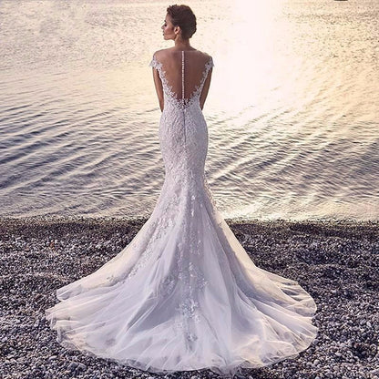 Princess Bride Mermaid Wedding Dress White Trailing Perspective Backless Lace Wedding Dress