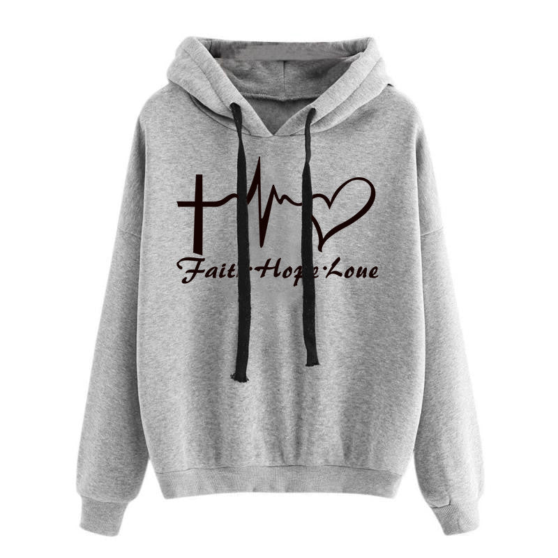 Heart Print Hoodie Sweatshirt Pullover Tops Women Long Sleeve Sports Clothes Image