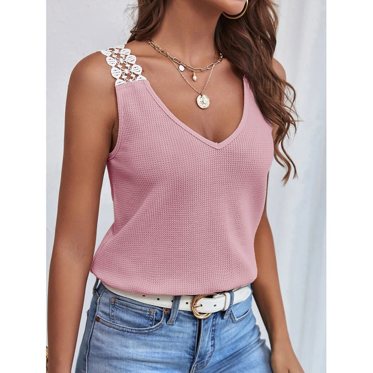 Waffle V-Neck Vest Sleeveless Lace Tank Shirt Tops Summer Image