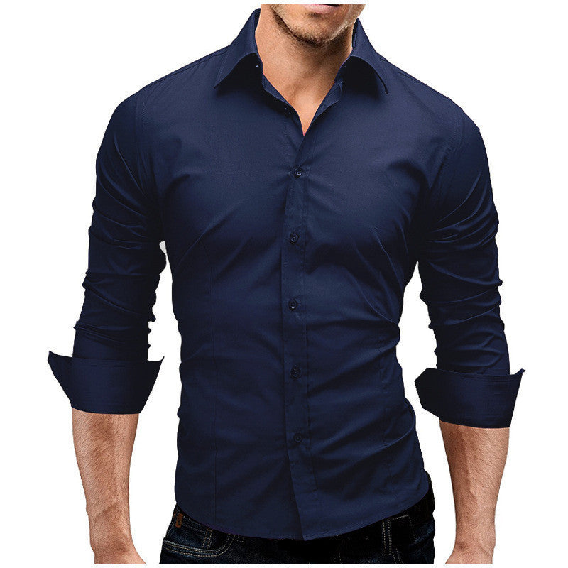 Men's Slim-fit Long-sleeved Solid Color Simple Formal Shirt Image