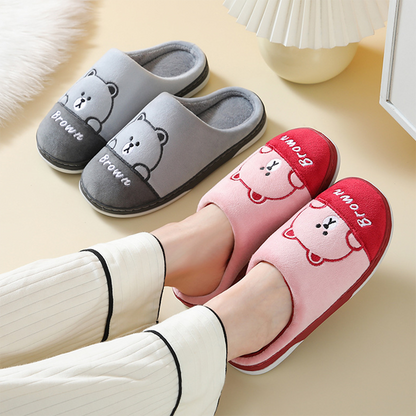 Cute Bears Slippers Warm Winter House Shoes For Women Couple Indoor Floor Bedroom Solid Color Non-slip Soft Plush Slippers