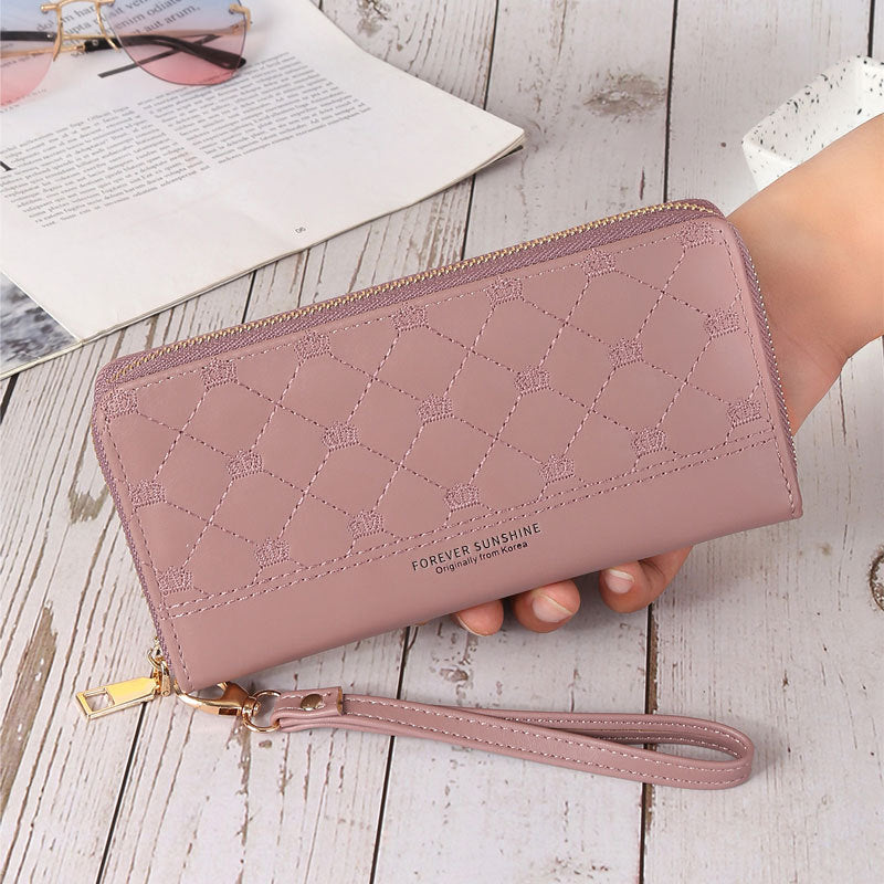 Long Crown Embroidery Thread Single Zip Clutch Wallet Women Image