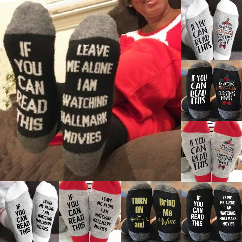 New Funny Winter Creative Art Lettered Wine Socks Xmas Gift If You Can Read Watching Christmas Movies Home Image