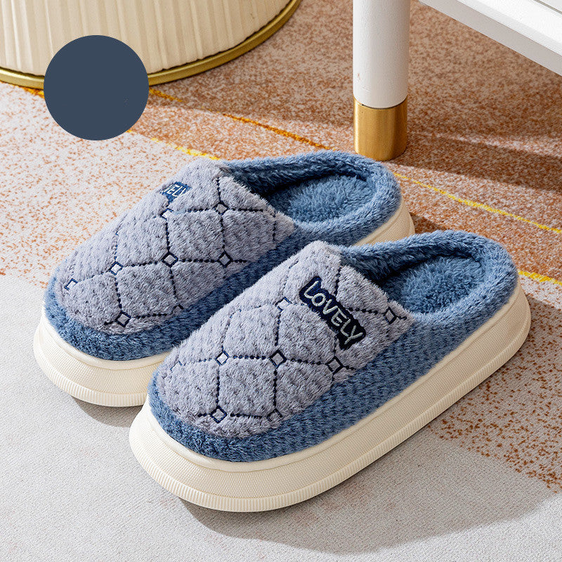 Thick-soled Non-slip Fluffy Slippers With Rhombus Pattern Design Couple Men's Cotton Shoes Indoor Floor Plaid Plush House Slippers Woman Image