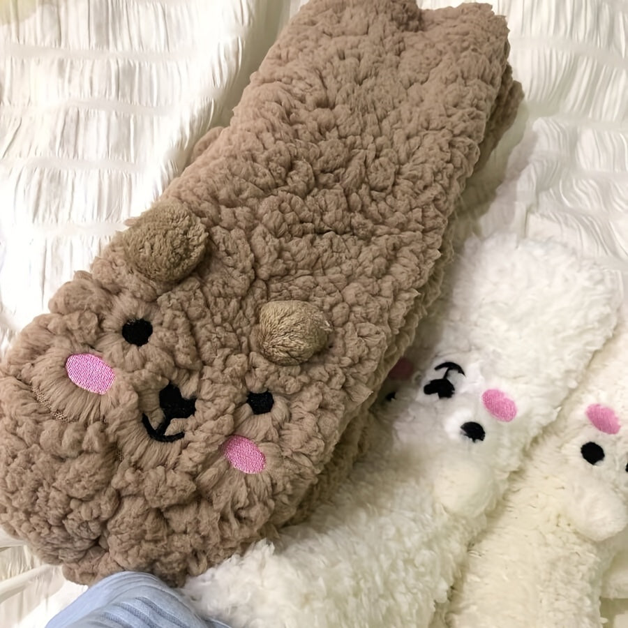 Cute Cartoon Bear Fuzzy Socks For Women, Comfortable Winter Soft Warm Slipper Socks, Casual Sleep Socks For Indoor Women's Fuzzy Socks Winter Warm Fluffy Soft Slipper Home Sleeping Cute Animal Socks Image