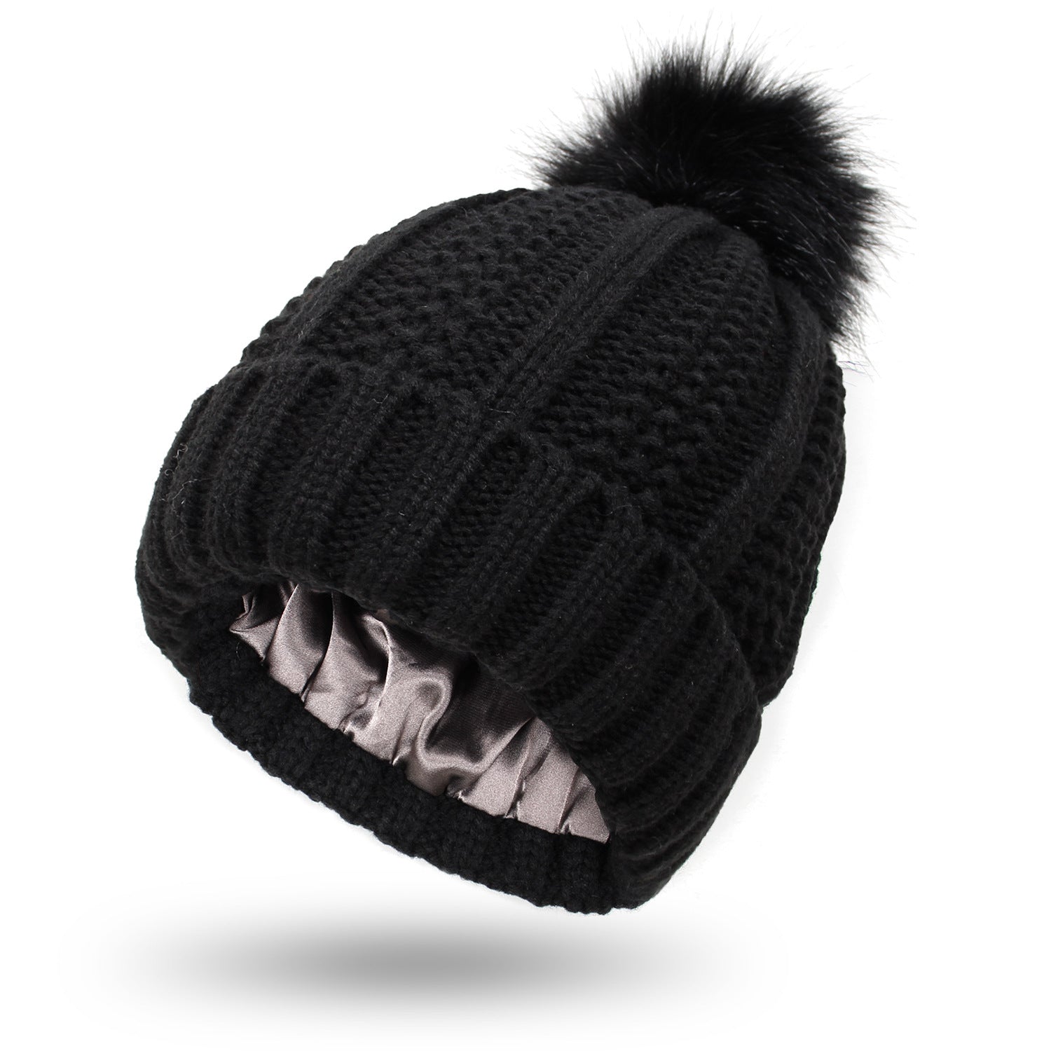 Fashion Stretchy Satin Lined Skull Knit Hats Beanie Hat For Women Faux Fur Pom Pom Hat Winter Keep Warming Beanie Hat Image