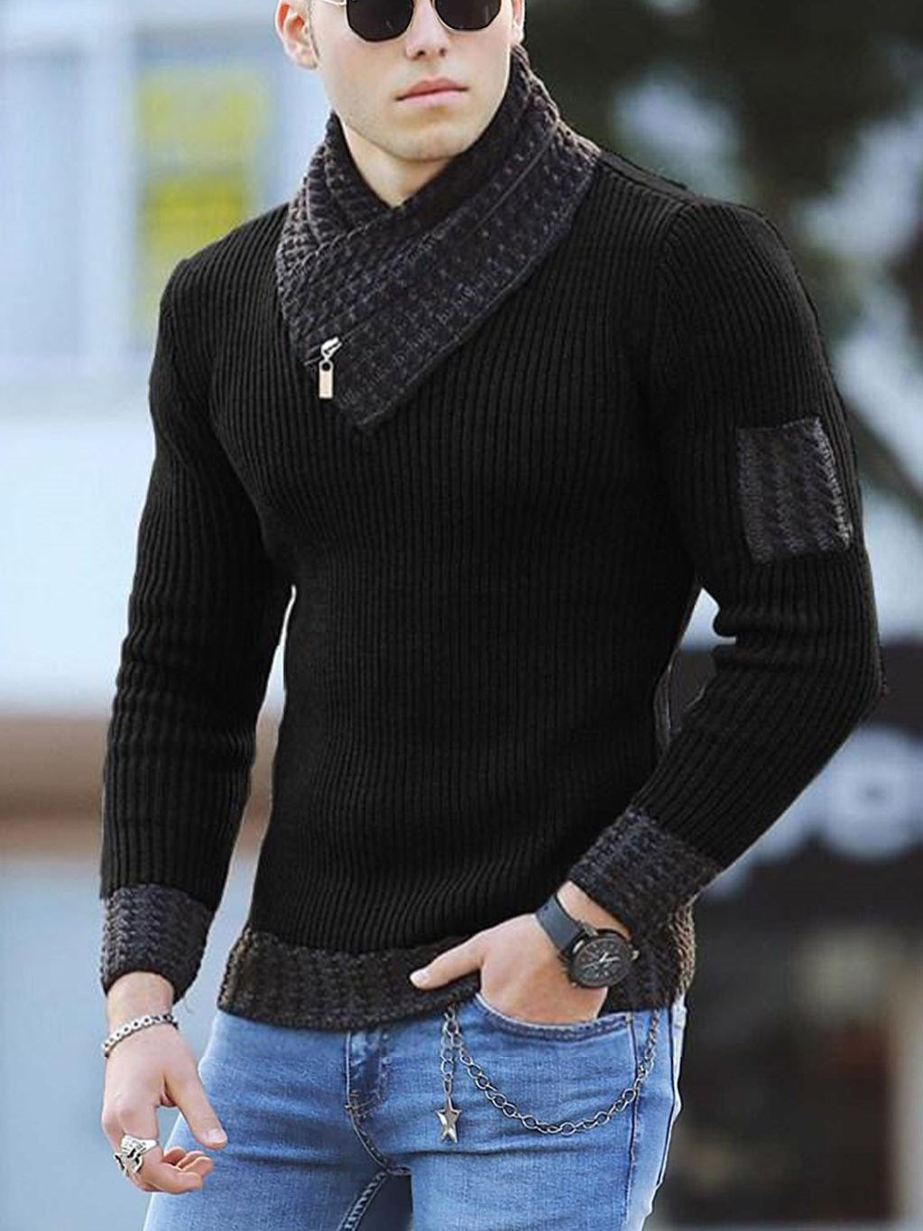 Independent Station Casual Slim Knit Pullover Long-sleeved Scarf Collar Sweater Men's Image