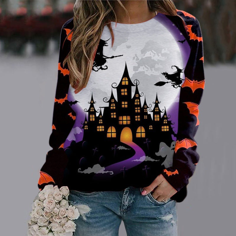 Halloween Cartoon Print Sweatshirt Long Sleeve Pullover Tops Women Image