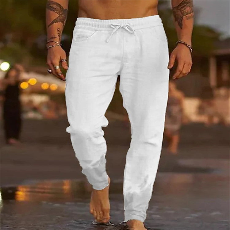 Men's Solid Color Cotton Linen Loose Beach Casual Pants Image