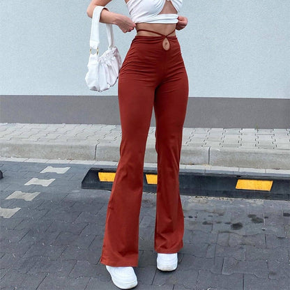 Women's High-waist Elastic Lace-up Solid Color Trousers