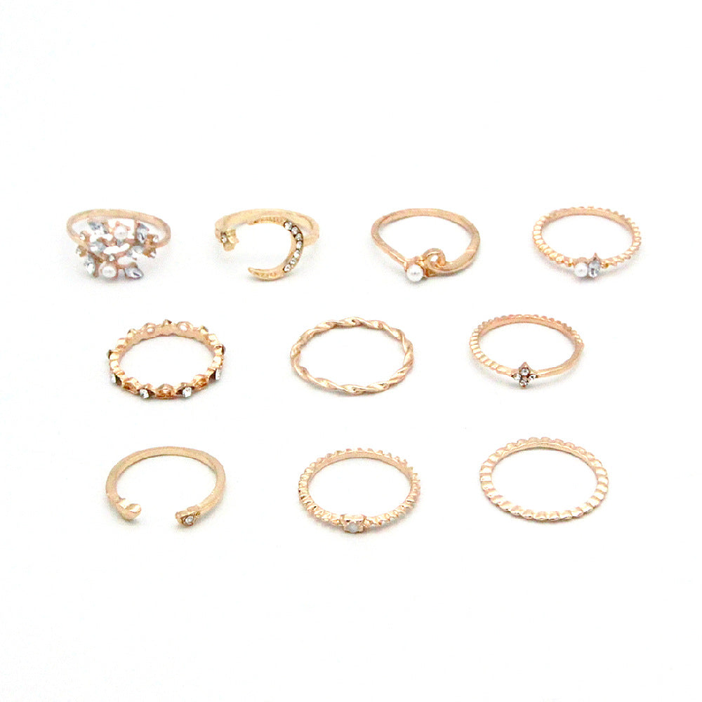 Bohemian Fashion Star Moon Love Pearl Leaf 10-Piece Ring Image