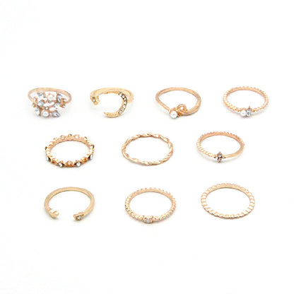 Bohemian Fashion Star Moon Love Pearl Leaf 10-Piece Ring