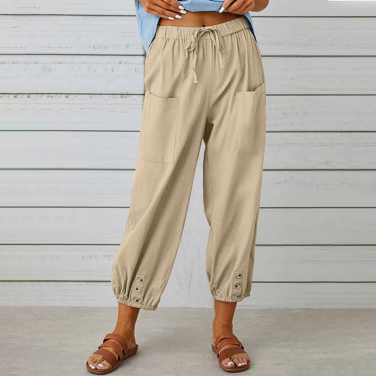 Women Drawstring Tie Pants Spring Summer Cotton And Linen Trousers With Pockets Button Image