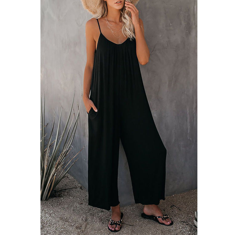 Women's Loose Sleeveless Jumpsuits Romper Jumpsuit With Pockets Long Pant Summer Image