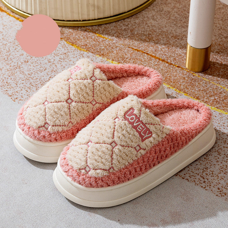 Thick-soled Non-slip Fluffy Slippers With Rhombus Pattern Design Couple Men's Cotton Shoes Indoor Floor Plaid Plush House Slippers Woman Image