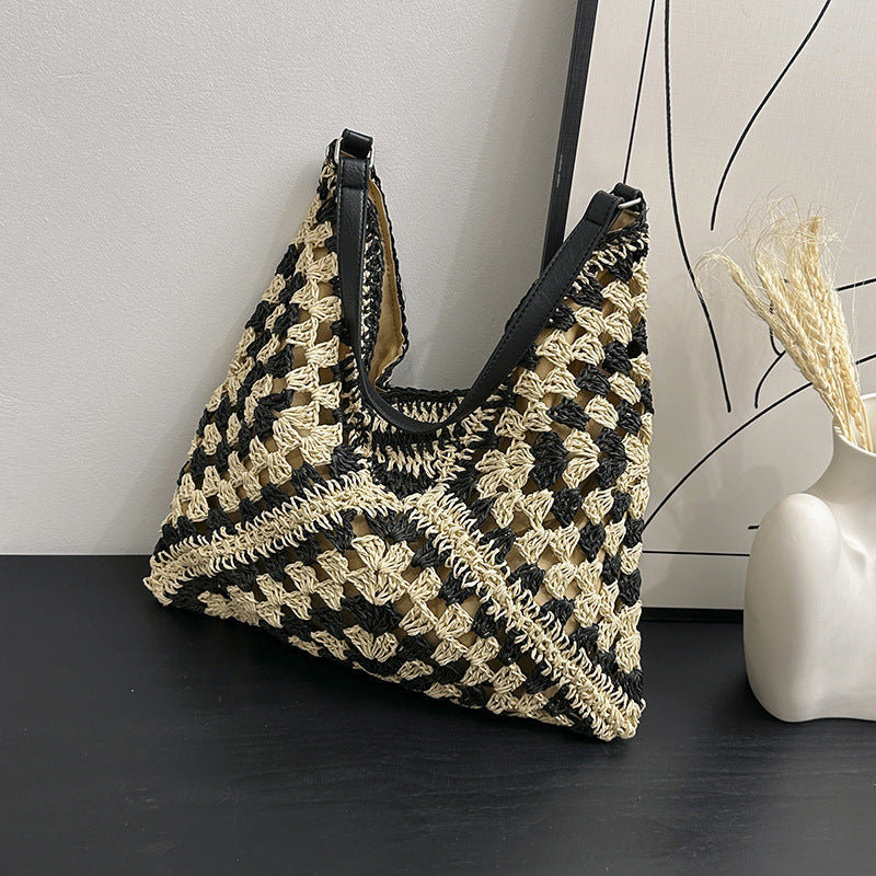 Women's Fashion Handmade Straw Woven Hollow Contrast Color Weave Shoulder Bag Image