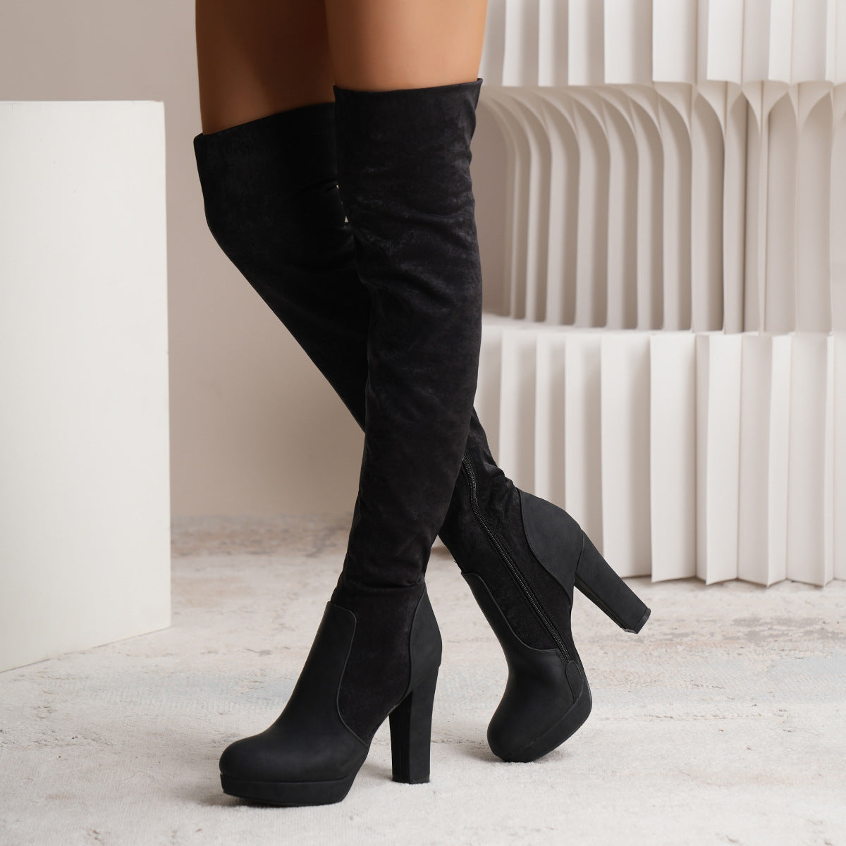 New Long Boots For Women Elastic Suede High Square Heel Over-the-knee Boots Fashion Party Shoes Winter Image