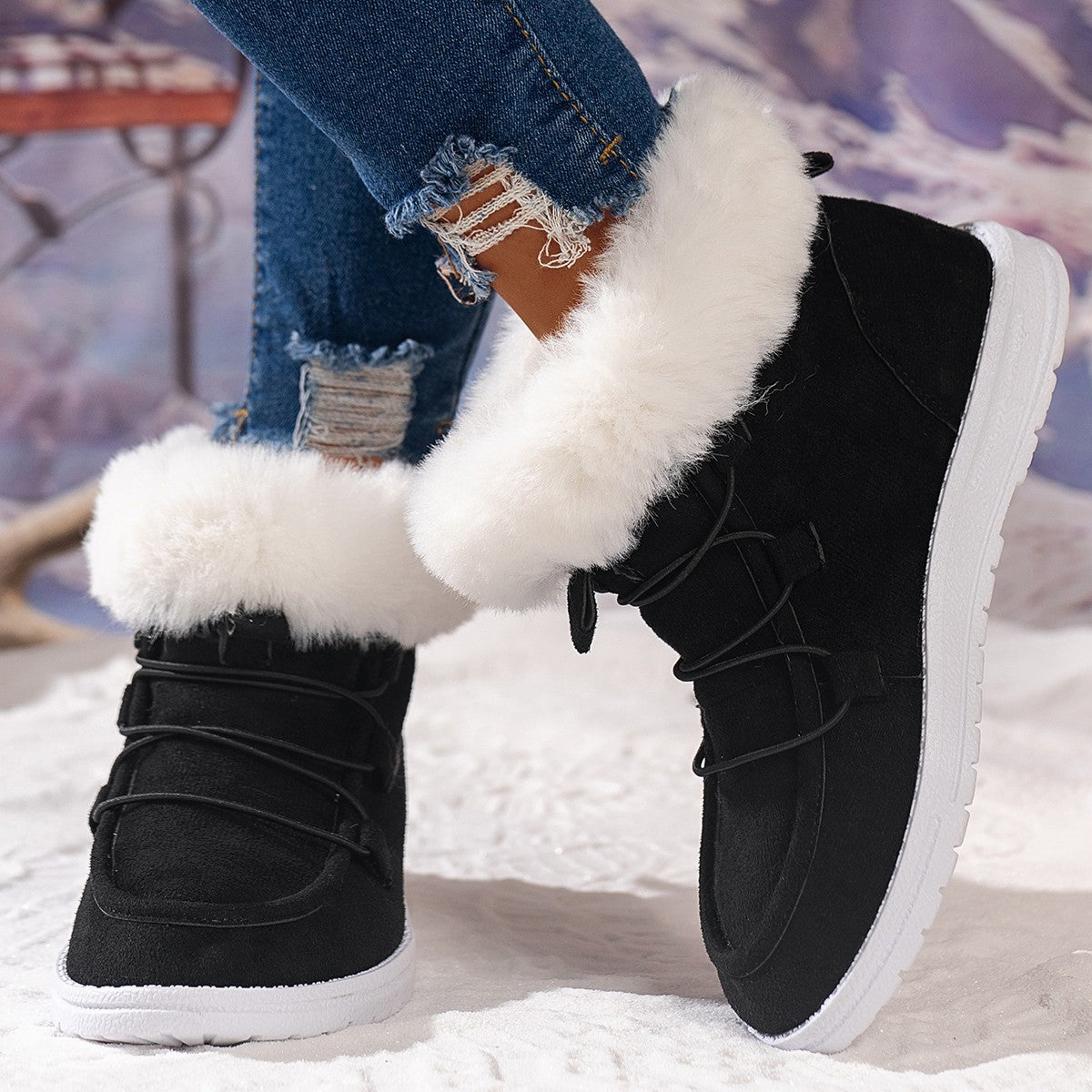 Winter Fleece Snow Boots For Women New Style Furry Casual Flat Plush Shoes Women's Warm Ankle Boots Image