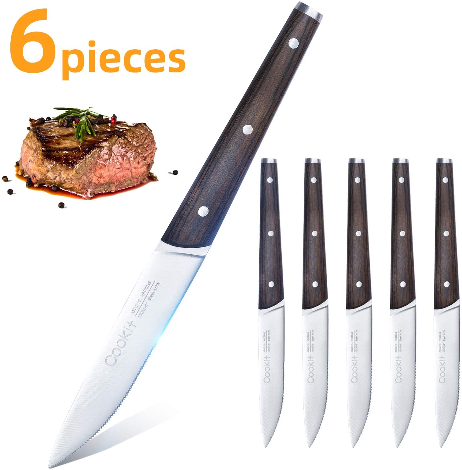 6Pcs Steak Knife Set Serrated Stainless Steel Utility with Wooden Handle for Home Dining Restaurant Image