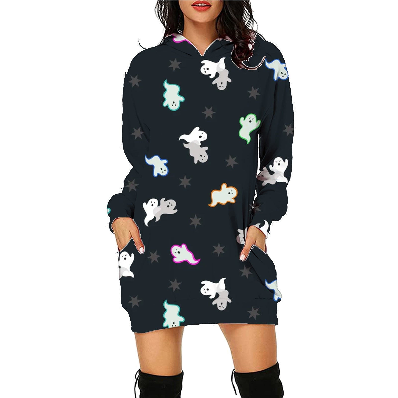 Halloween Print Long Hoodie With Pockets Sweater Long Sleeve Clothes Women Image