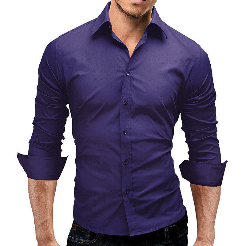 Men's Slim-fit Long-sleeved Solid Color Simple Formal Shirt Image