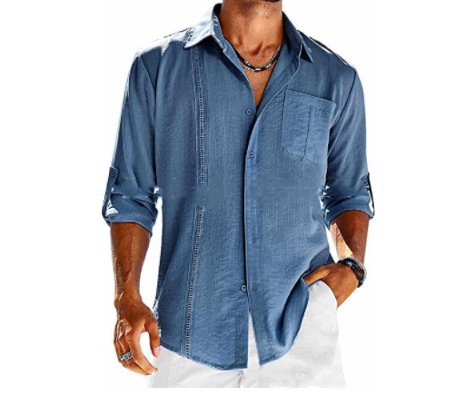 Casual  Long Sleeve Shirt With Pocket Lace Polo Collar Solid Color Button Mens Clothing Image