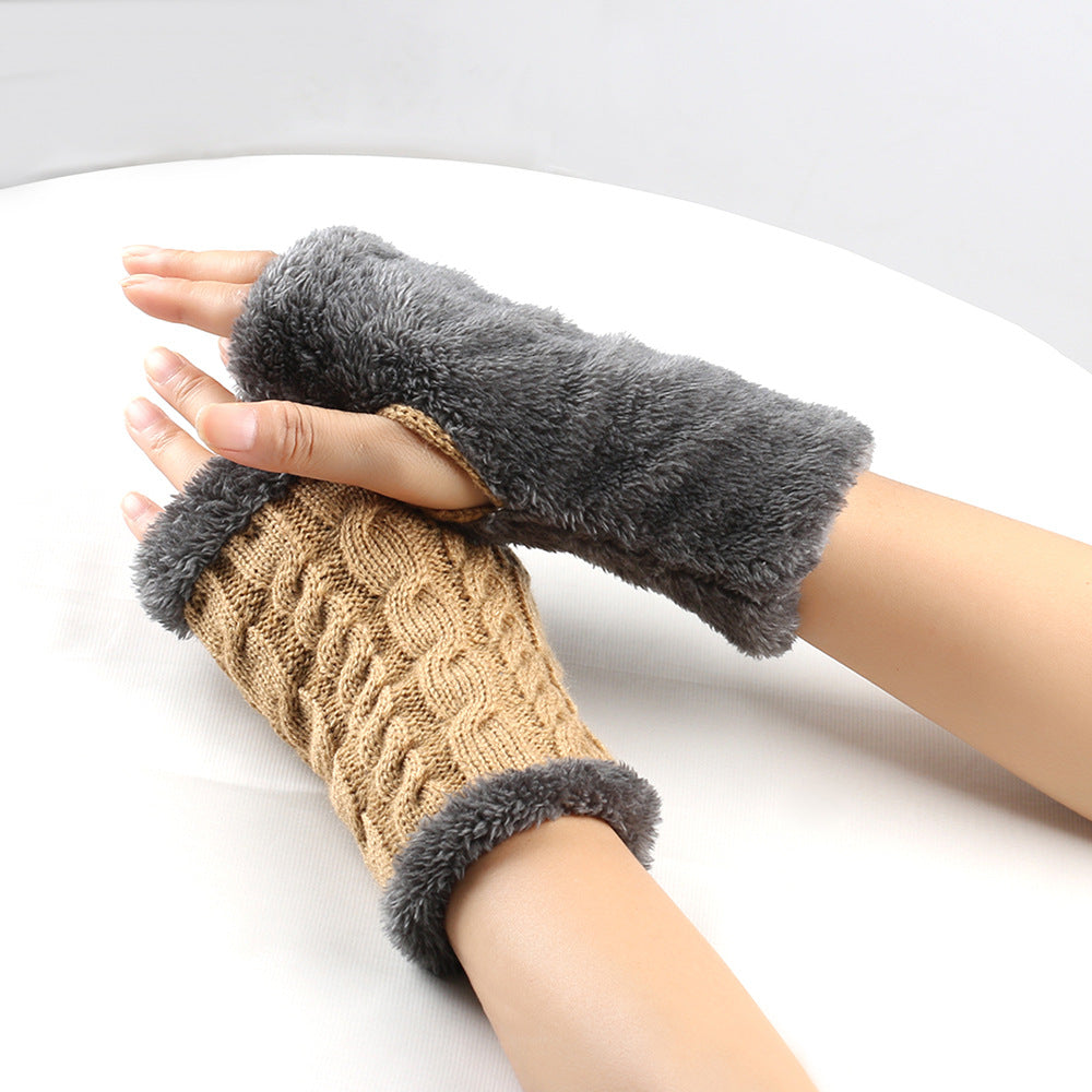 Winter Plush Gloves Twist Knitted Fingerless Fleece Gloves Women Warm Thickened Woolen Gloves Image