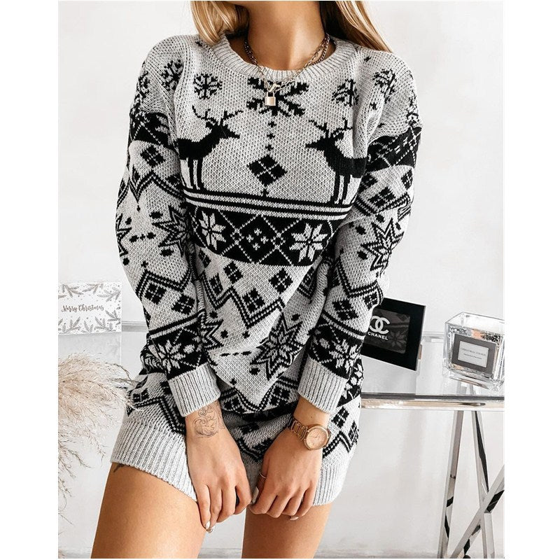 Elk Snowflake Christmas Jacquard Knitted Dress Long Knitted Sweaters Image