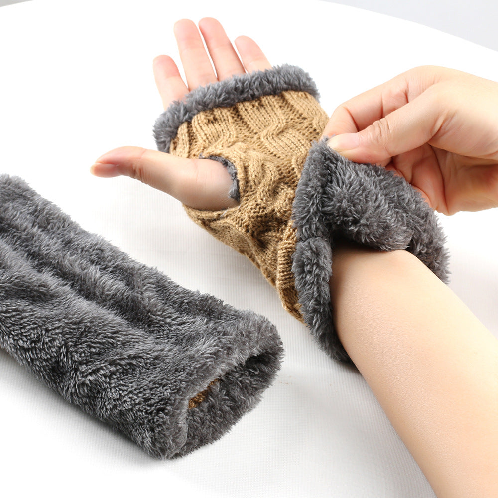 Winter Plush Gloves Twist Knitted Fingerless Fleece Gloves Women Warm Thickened Woolen Gloves Image