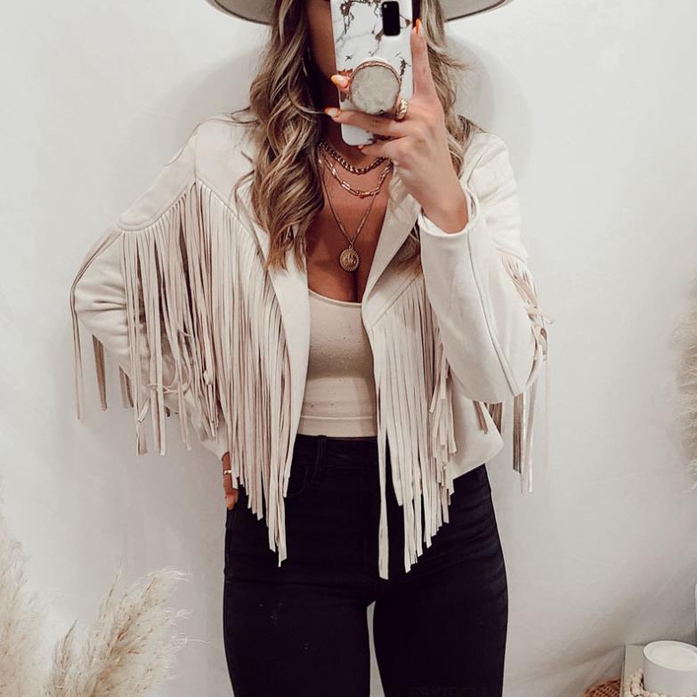 Women's Faux Suede Leather Fringe Jacket Motorcycle Moto Biker Short Open Front Tassel Coat Image