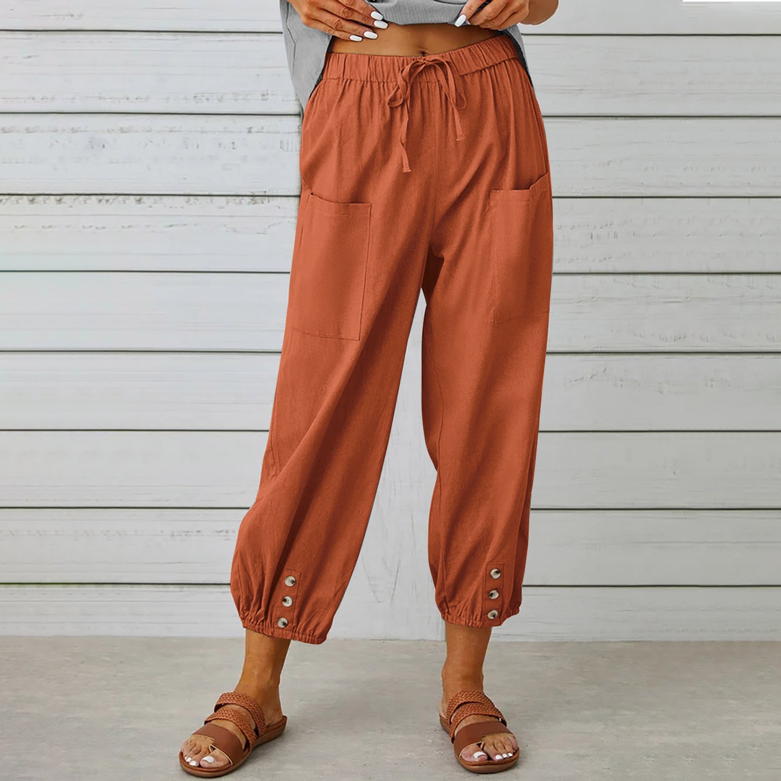 Women Drawstring Tie Pants Spring Summer Cotton And Linen Trousers With Pockets Button Image