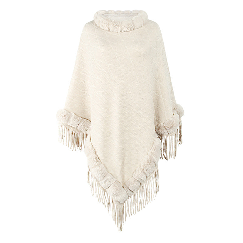 Pure Color Knitted Cape Shawl With Fur Collar Image