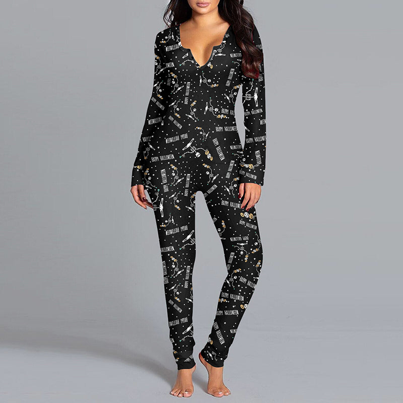 Halloween Printed Jumpsuit Long Sleeve Home Pajamas Casual Trousers Women's Cos Clothing Image