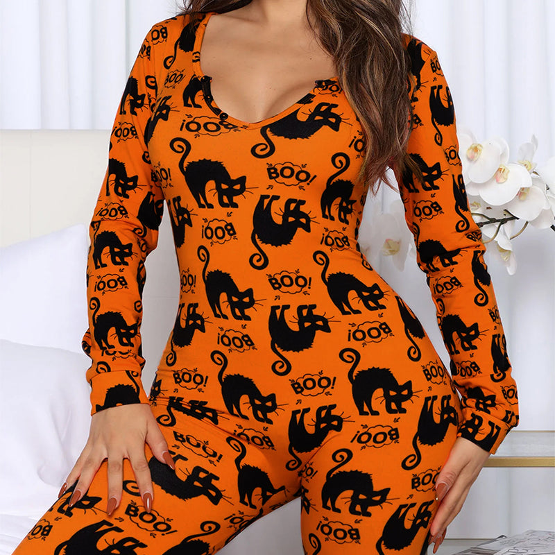 Halloween Printed Jumpsuit Long Sleeve Home Pajamas Casual Trousers Women's Cos Clothing Image