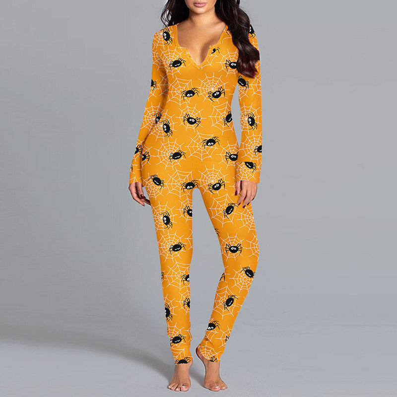 Halloween Printed Jumpsuit Long Sleeve Home Pajamas Casual Trousers Women's Cos Clothing Image