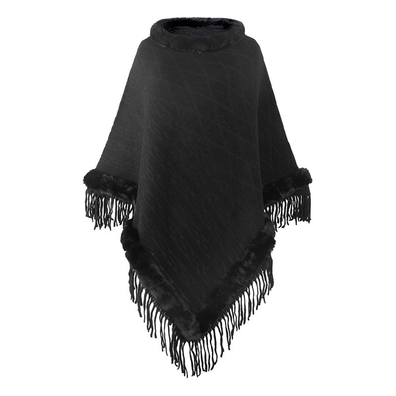 Pure Color Knitted Cape Shawl With Fur Collar Image