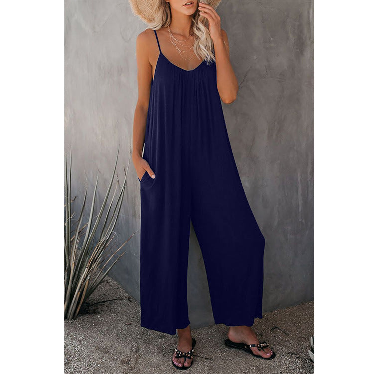 Women's Loose Sleeveless Jumpsuits Romper Jumpsuit With Pockets Long Pant Summer Image