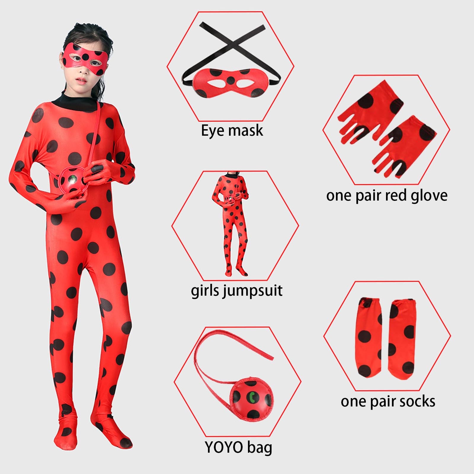 Kids Ladybug Costume Dress Up Cosplay Black Spot Red Jumpsuit 5Pcs Sets For Halloween Carnival Masquerade Fantasy Image