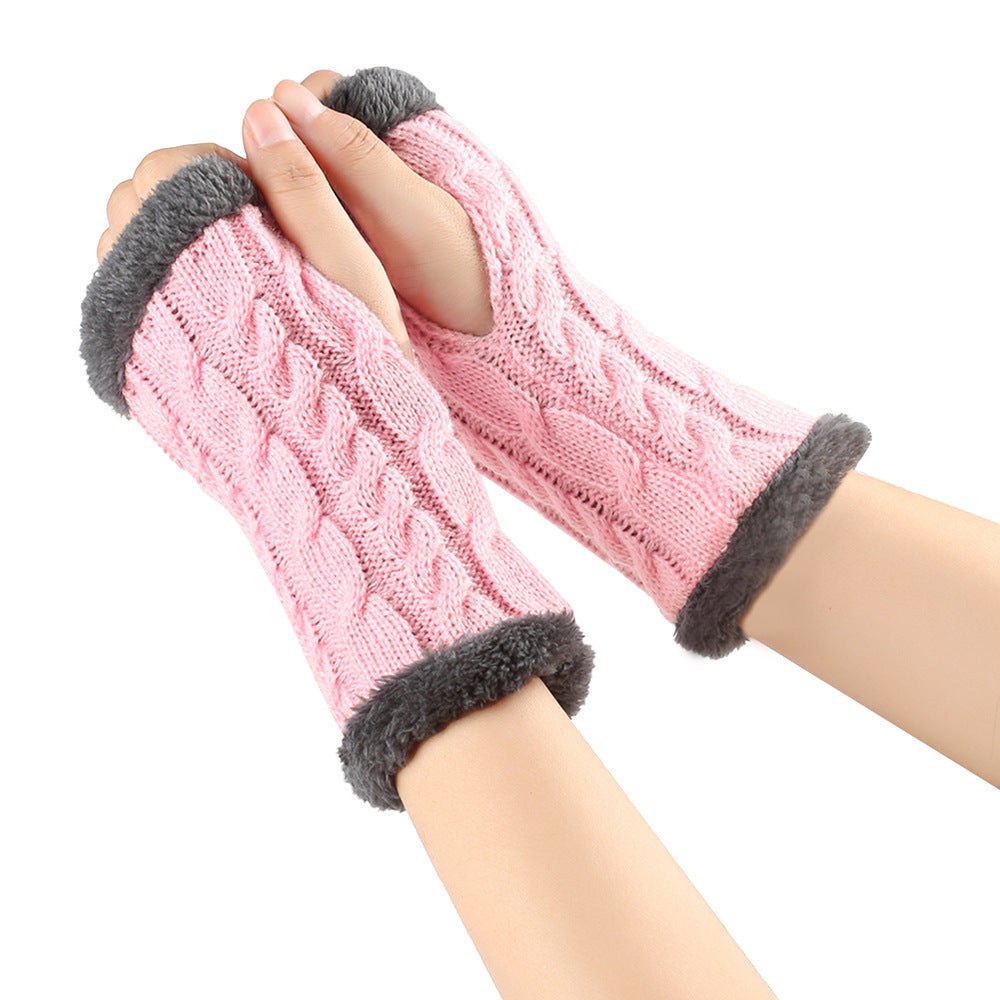 Winter Plush Gloves Twist Knitted Fingerless Fleece Gloves Women Warm Thickened Woolen Gloves Image