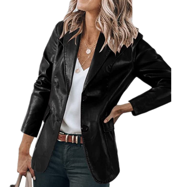 Lapel Single Breasted Solid Color PU Leather Women's Coat Image